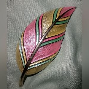Vintage Kramer Guilloche Pink Yellow And Green Leaf Pin Brooch